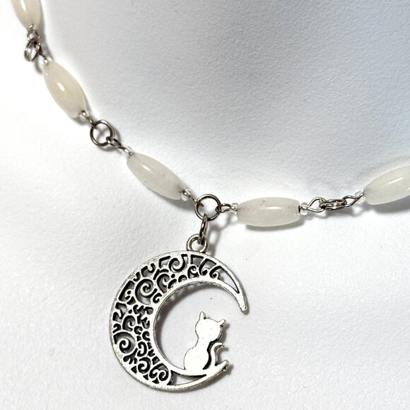Genuine Milky Quartz Short Necklace, Natural Gemstone w/ Cat on the Moon Pendant - Picture 1 of 15